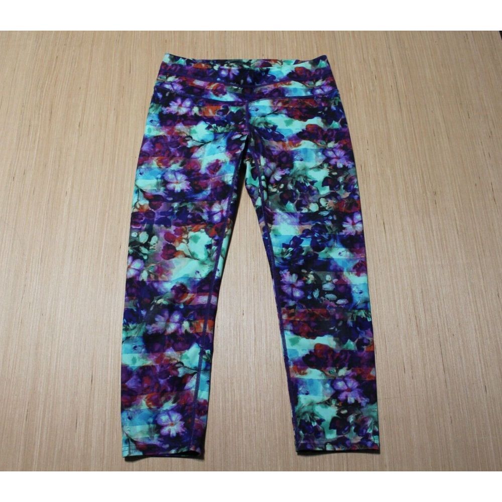 Athleta Floral Fade Sonar Capri Leggings Womens S Multi Zip Pocket Cropped